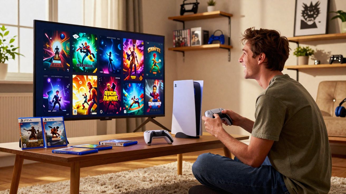 Jovem sentado no chão jogando videogame em um console PlayStation 5 com vários jogos exibidos na TV.