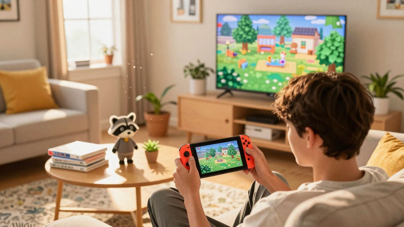 Jovem sentado no sofá jogando game de fazenda no console portátil com a mesma imagem na TV.