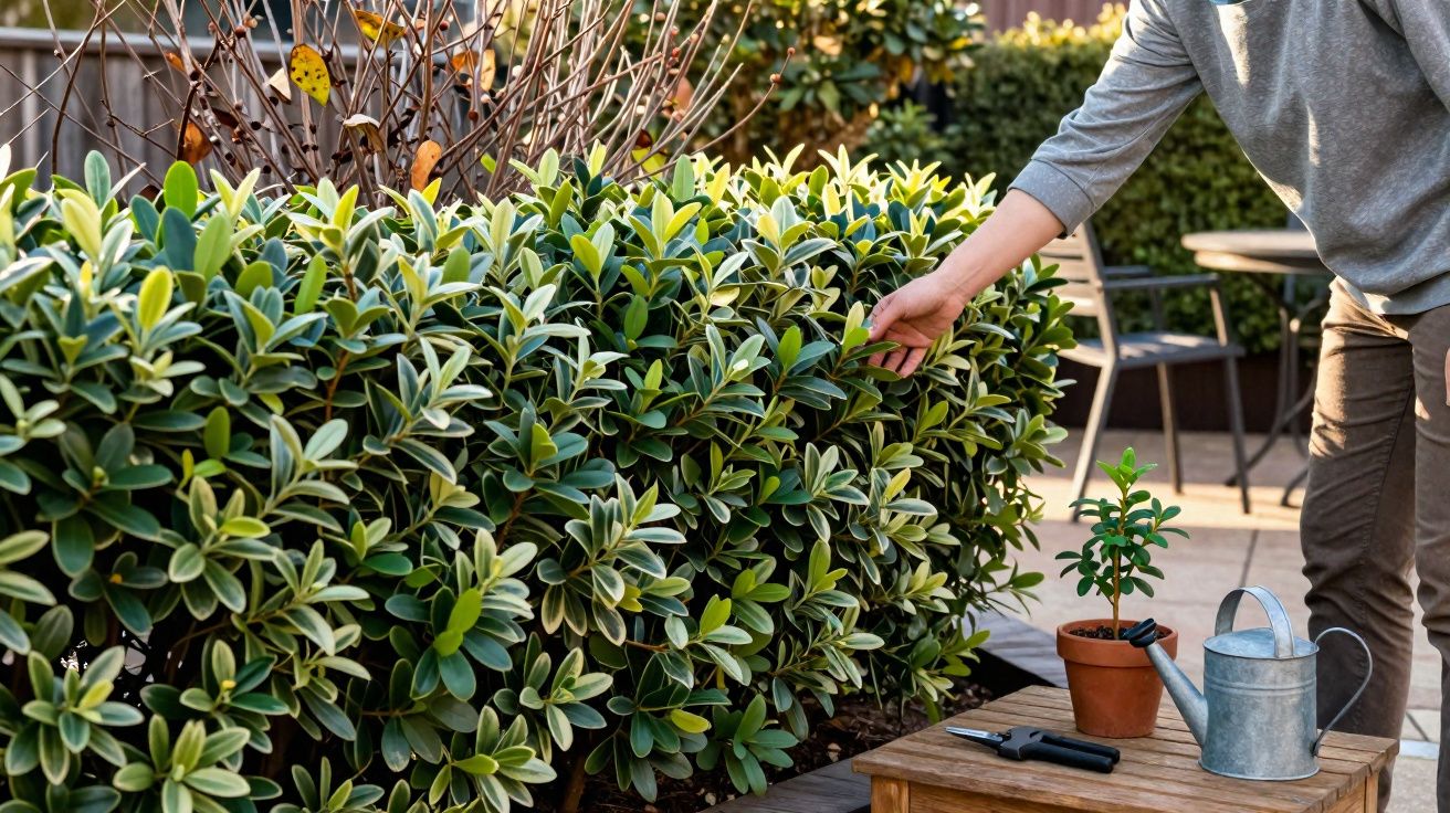 Pessoa cuidando de um arbusto em jardim, com regador e ferramentas sobre mesa de madeira.