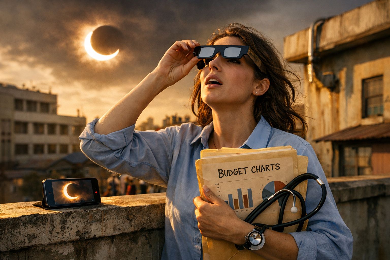 Mulher com óculos de proteção observa eclipse solar segurando gráficos de orçamento e estetoscópio na mão.