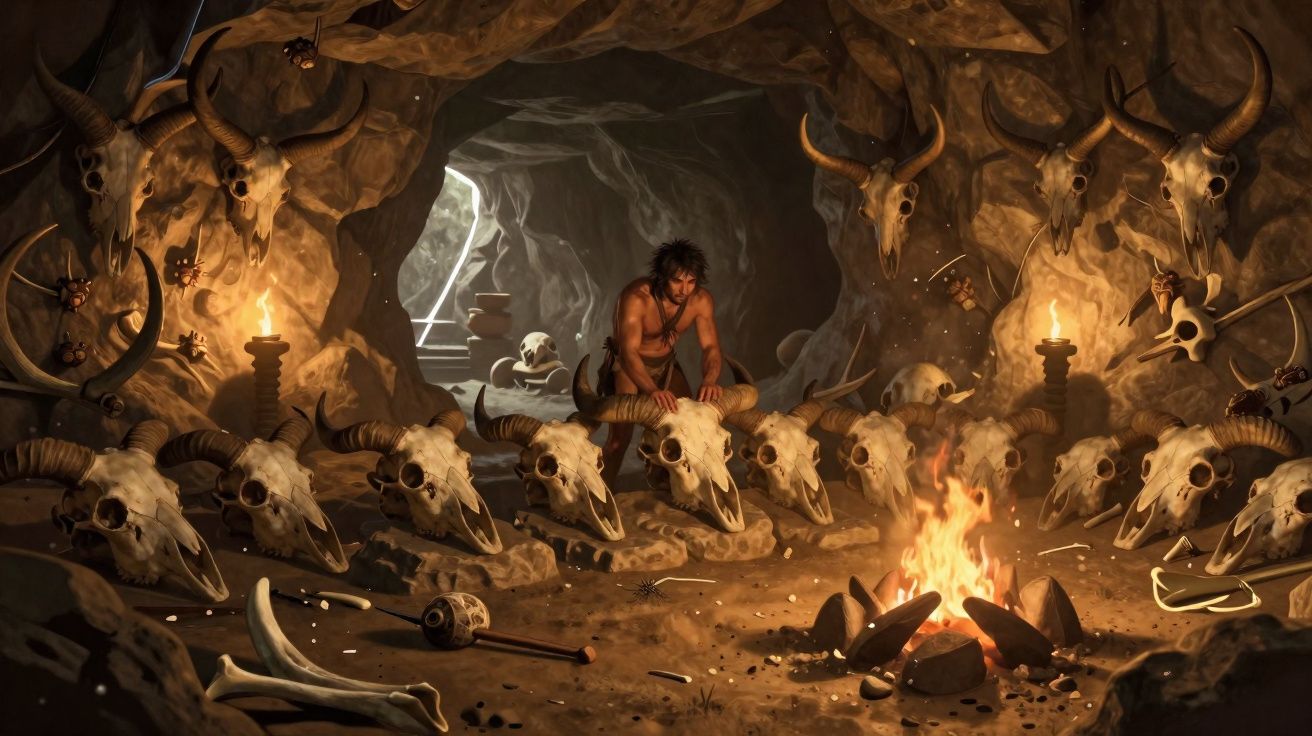 Homem sozinho em caverna escura cercado por crânios de animais e fogo no centro iluminando o ambiente.