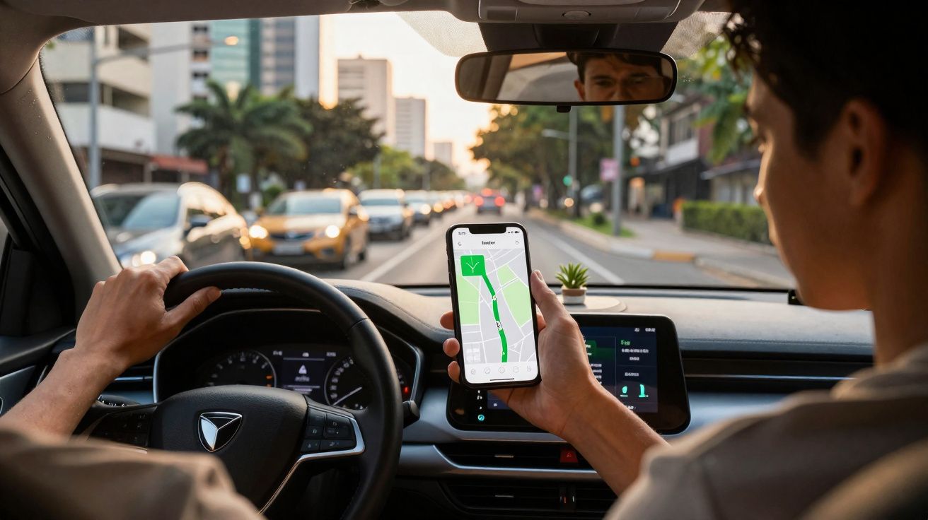 Pessoa segurando celular com mapa digital dentro de carro dirigido em via urbana com trânsito ao entardecer.