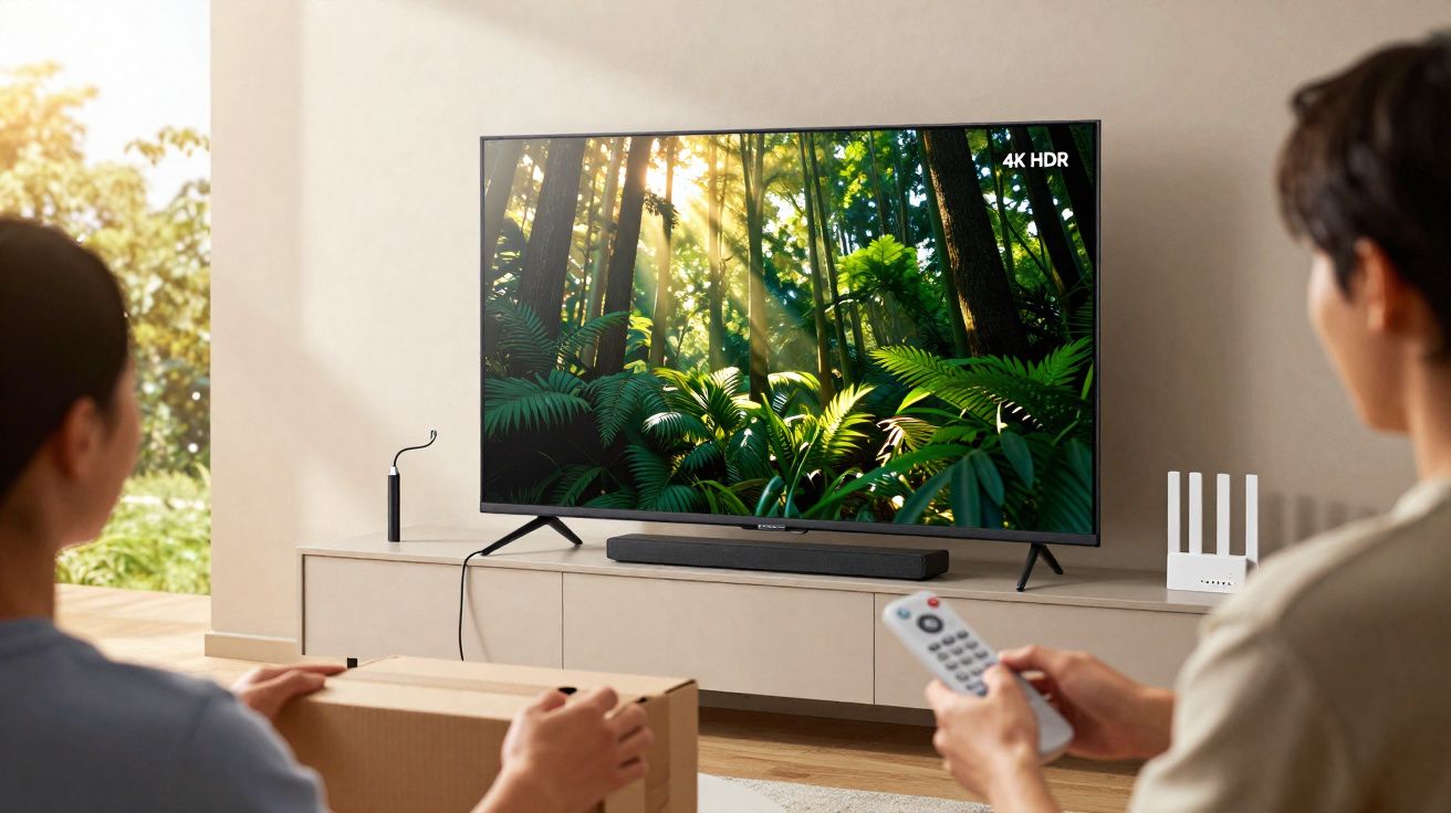Duas pessoas assistindo TV com imagem de floresta em 4K HDR em ambiente iluminado e moderno.