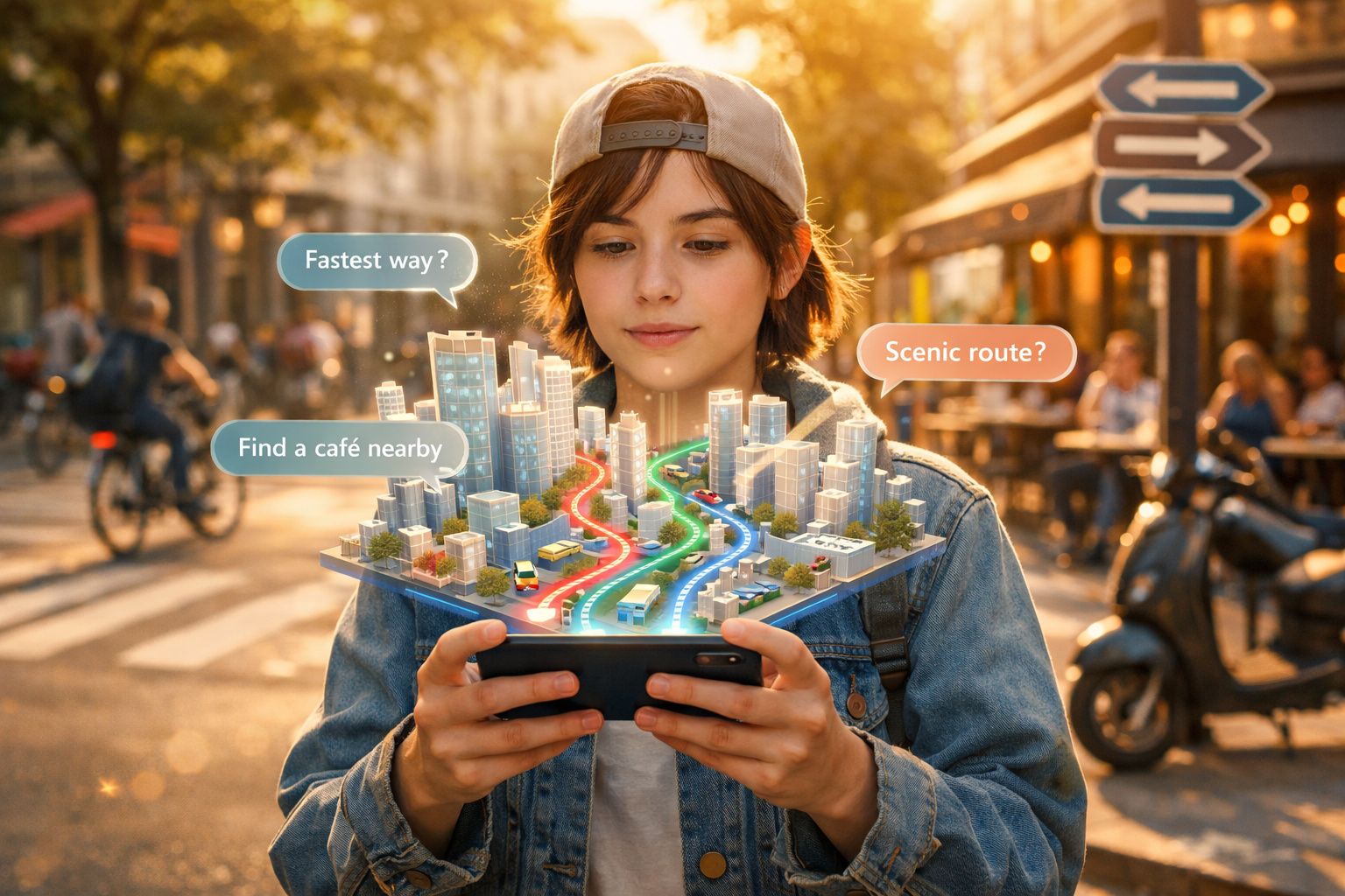 Jovem usando celular com mapa digital 3D de cidade futurista e opções de rota e café próximas.