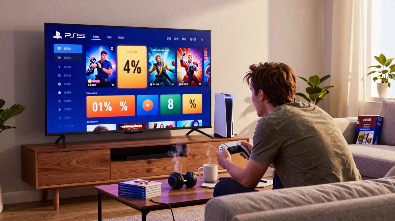 Homem sentado no sofá jogando videogame com controle, TV ligada mostrando menu do PlayStation 5.