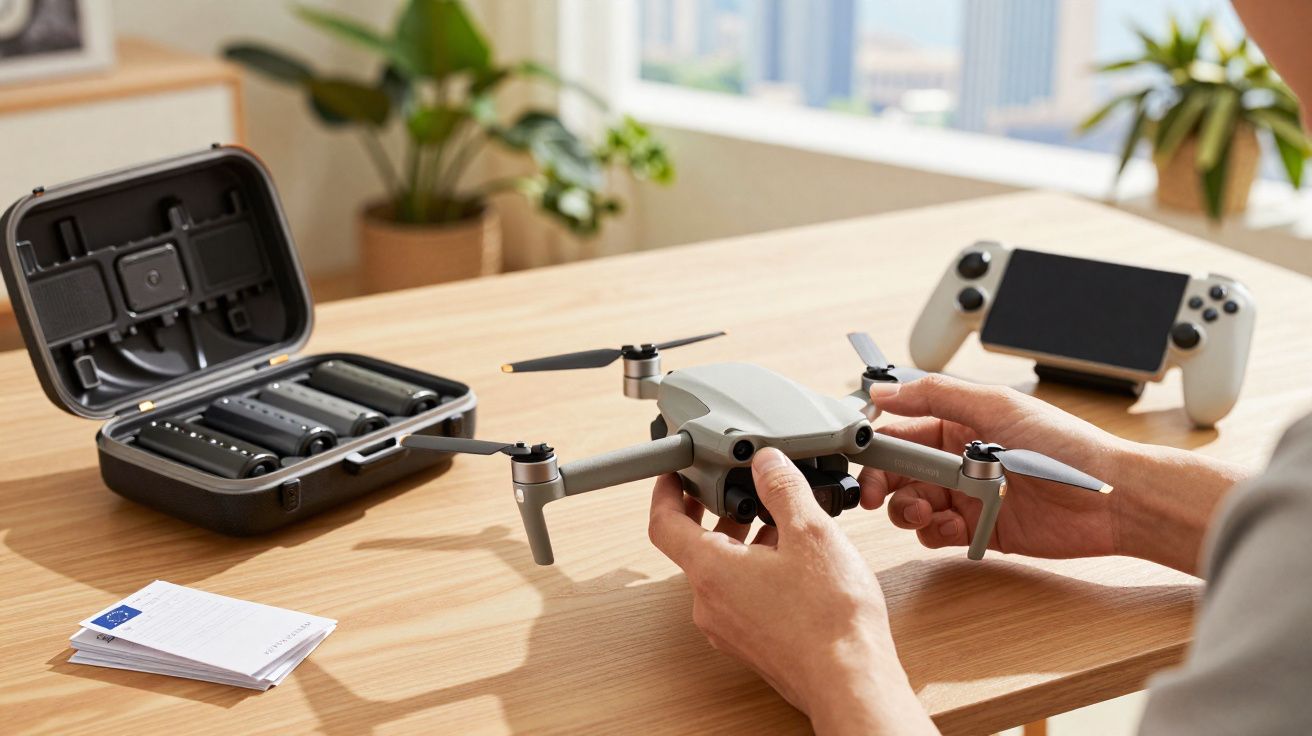 Pessoa segurando drone cinza sobre mesa com controle e estojo aberto ao fundo em ambiente iluminado.