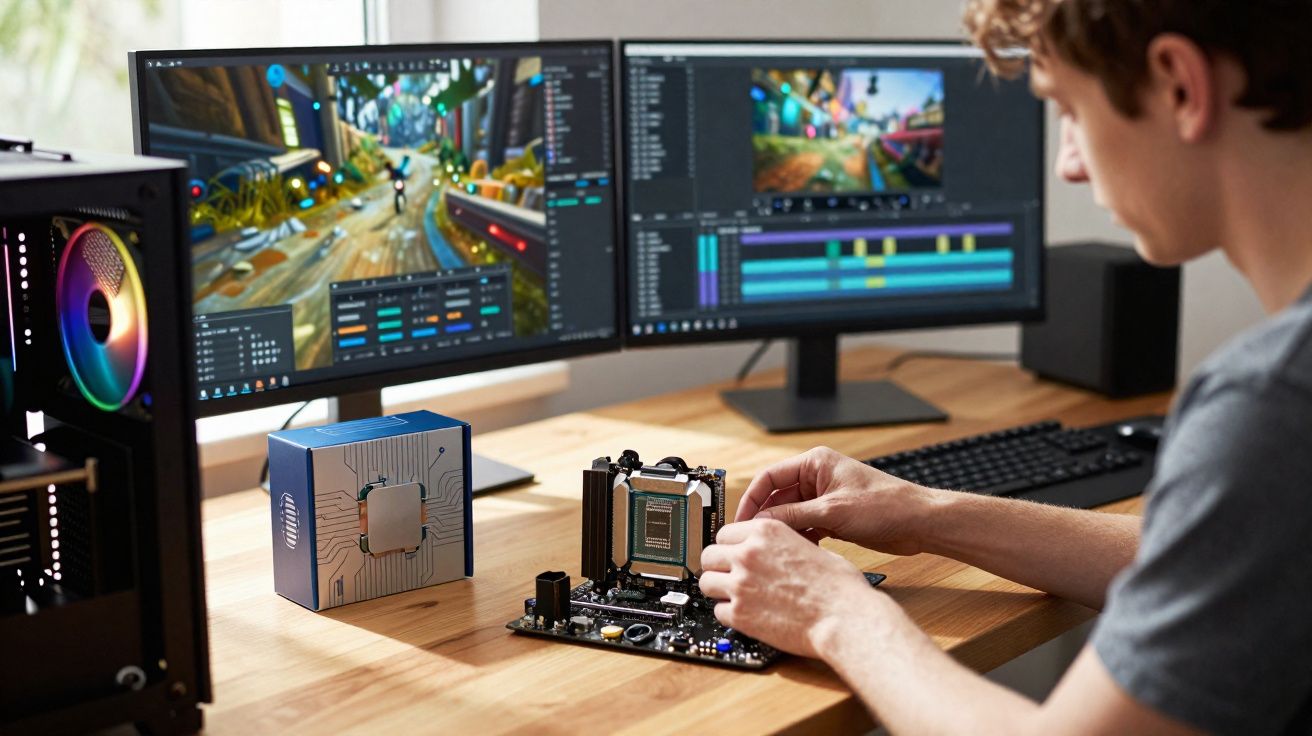 Pessoa montando computador com duas telas exibindo jogos e edição de vídeo em mesa de madeira.