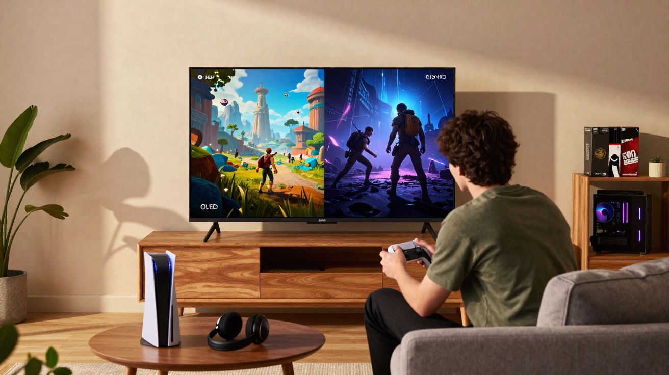 Jovem sentado no sofá jogando videogame em TV OLED com console, fone de ouvido e PC ao redor.