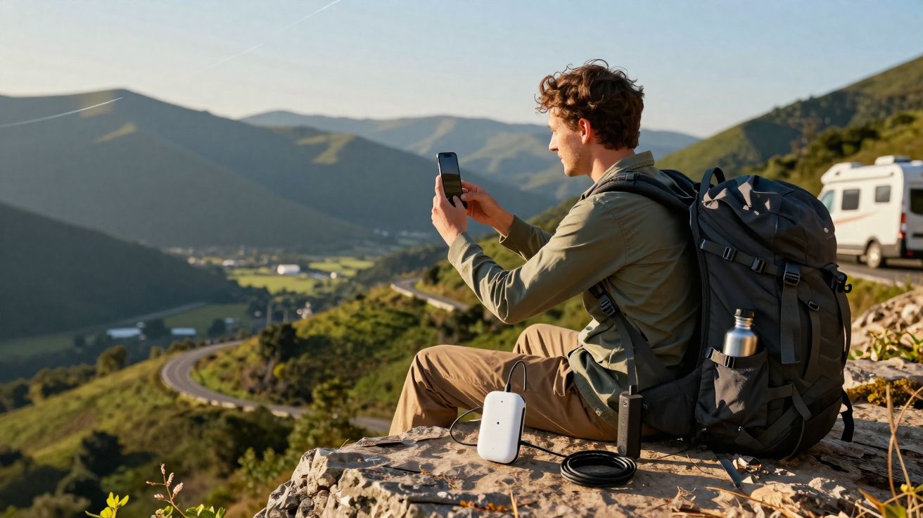 Homem sentado em pedra tira foto com celular em paisagem montanhosa ao entardecer.