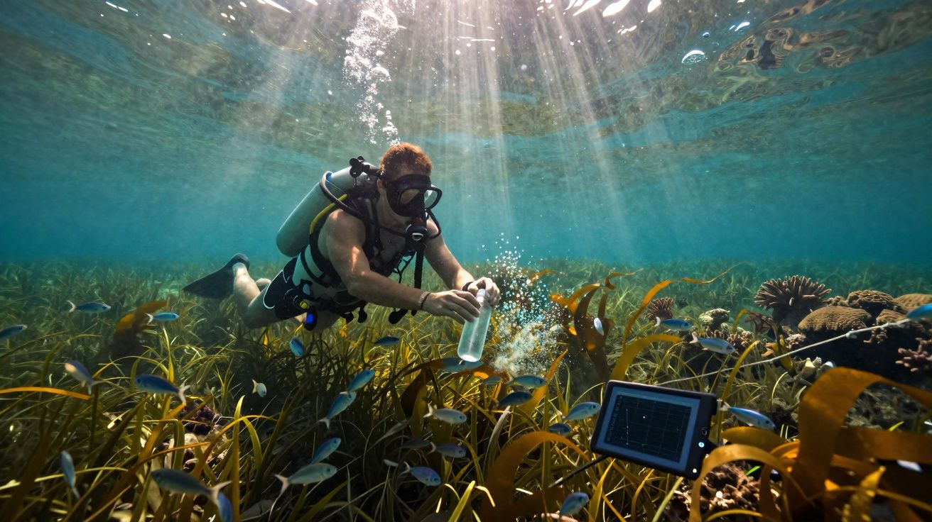 Mergulhador coletando amostra em ambiente marinho com peixes e plantas aquáticas iluminadas pela luz do sol.