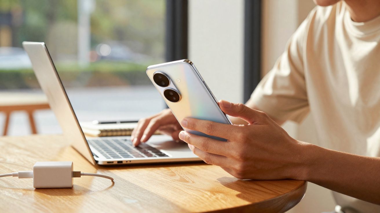 Pessoa usando smartphone ao lado de laptop em mesa de madeira com carregador conectado.