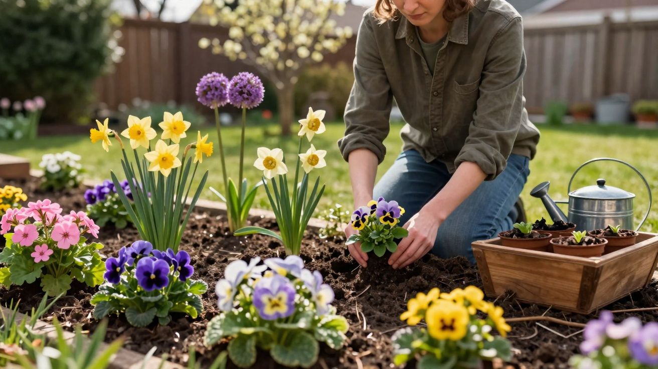 Pessoa plantando flores coloridas em jardim com regador e caixa de madeira ao lado.