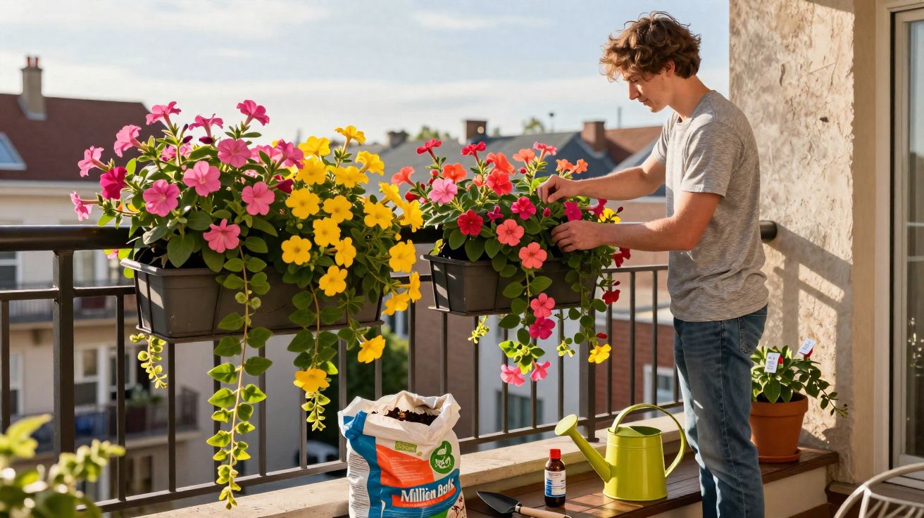Homem cuidando de flores coloridas em vasos na varanda de apartamento durante o dia.