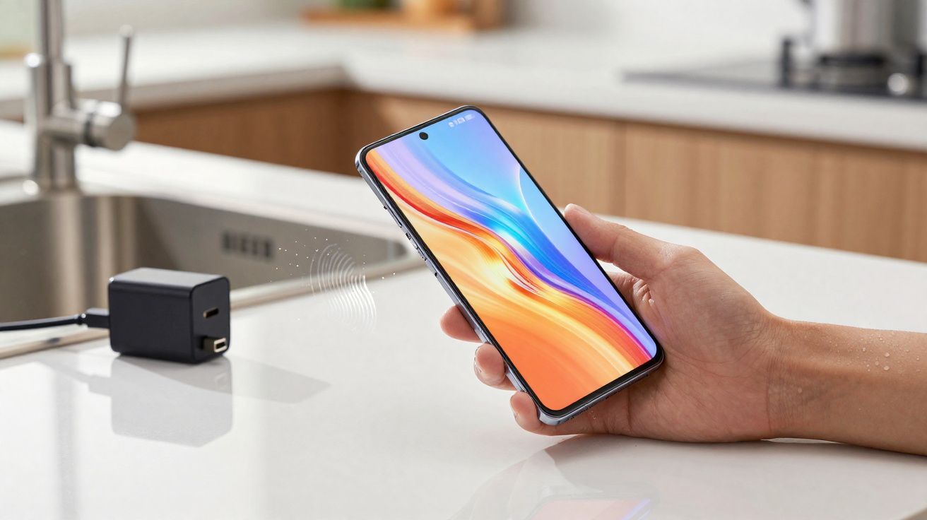 Pessoa segurando smartphone próximo a carregador sem fio sobre mesa branca em cozinha moderna.