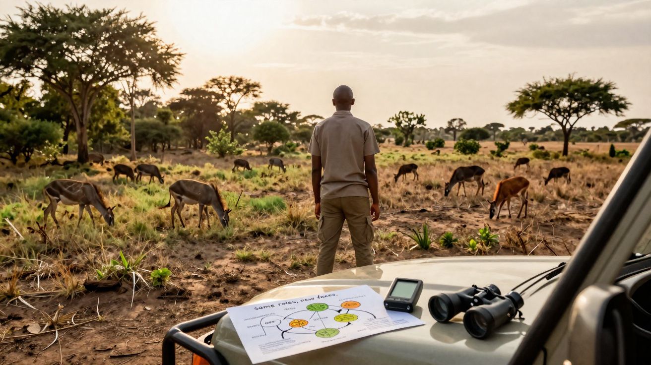 Homem observa animais pastando em savana ao entardecer, com mapa e binóculos sobre veículo de safári.