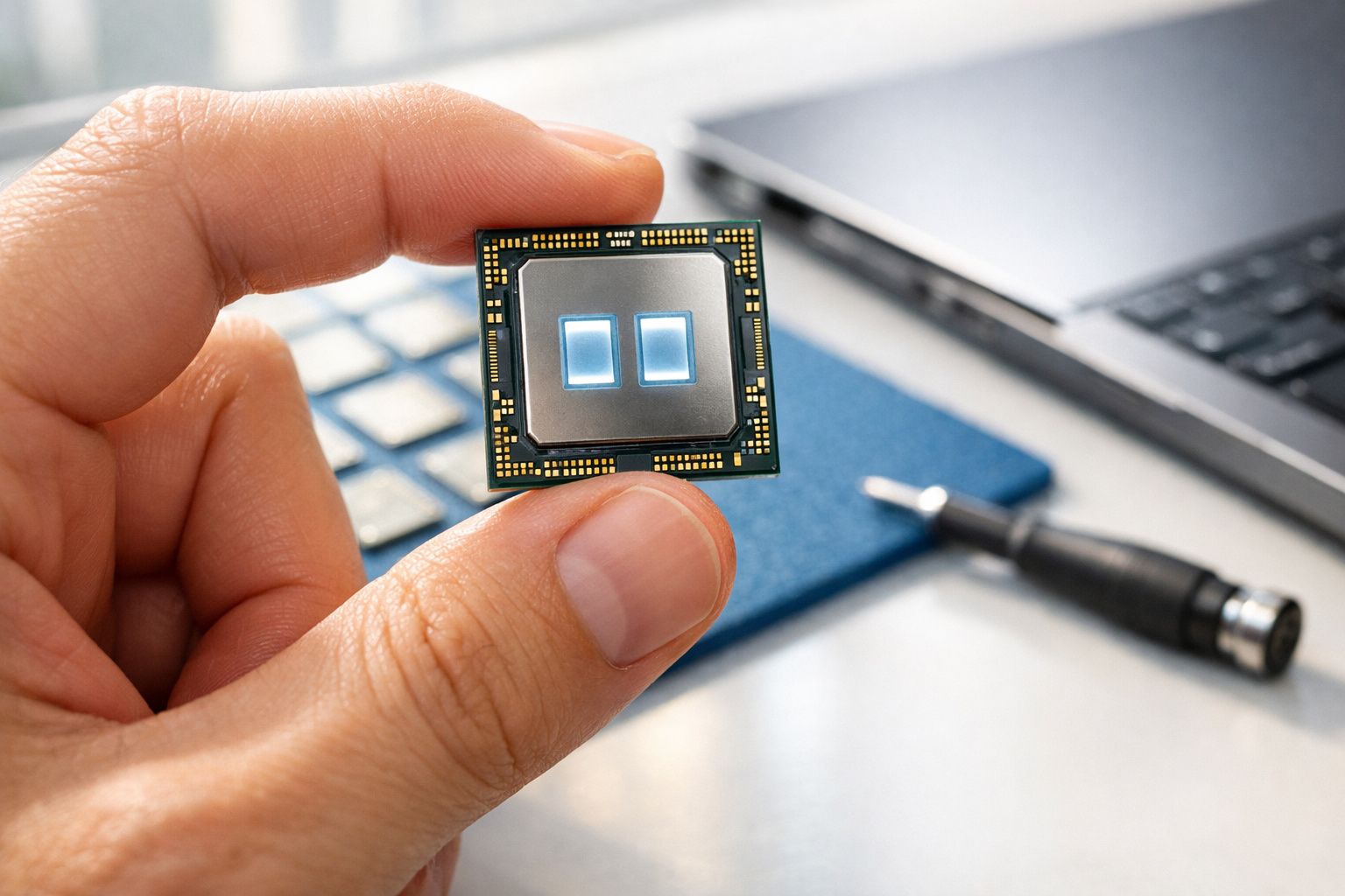 Mão segurando microchip eletrônico com notebook e ferramenta ao fundo em ambiente de trabalho.