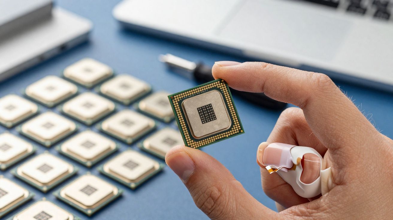Mão segurando microchip perto de vários microchips e um laptop em superfície azul.