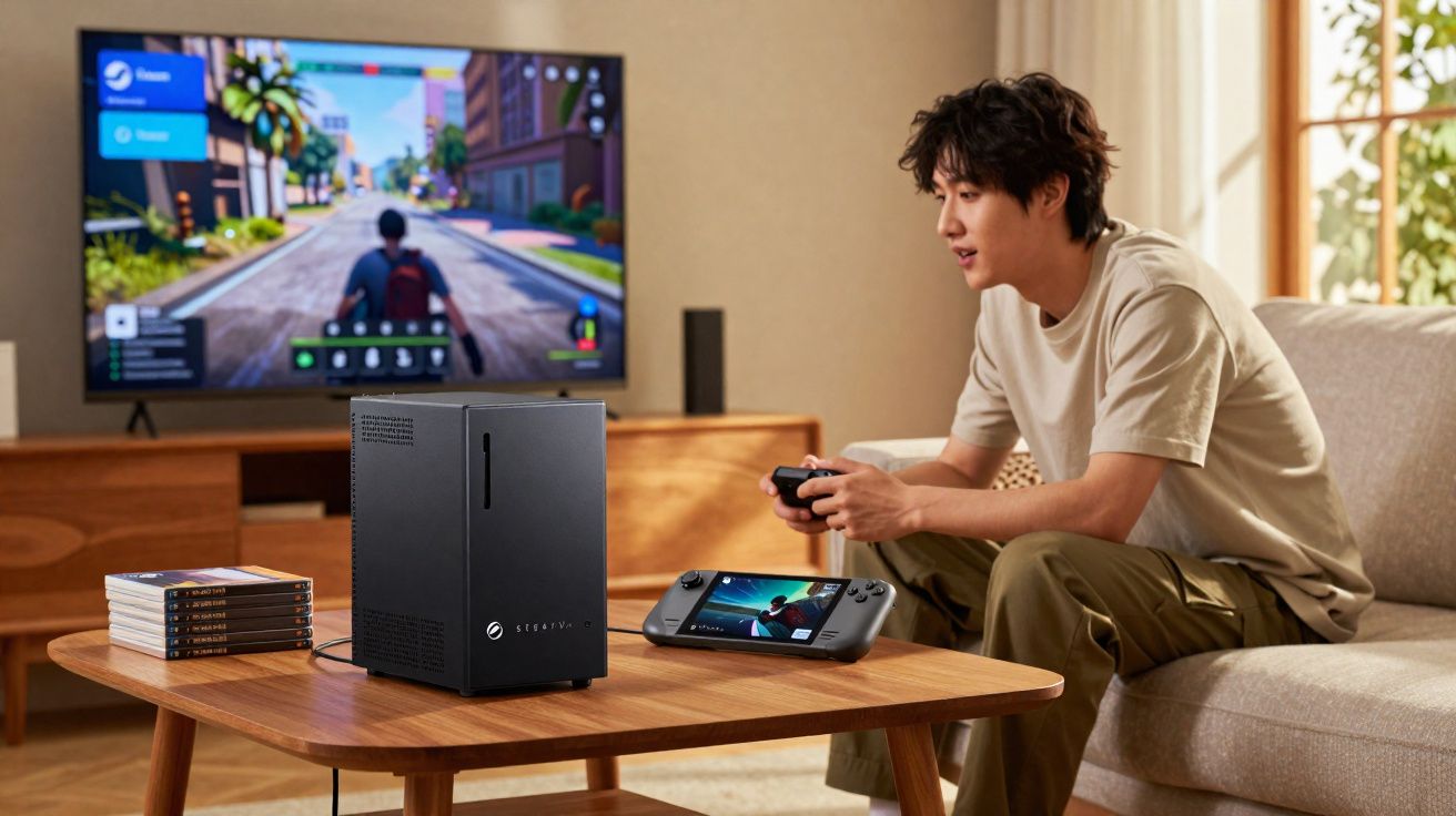 Jovem sentado no sofá jogando videogame com console e controle em sala iluminada e TV ligada.