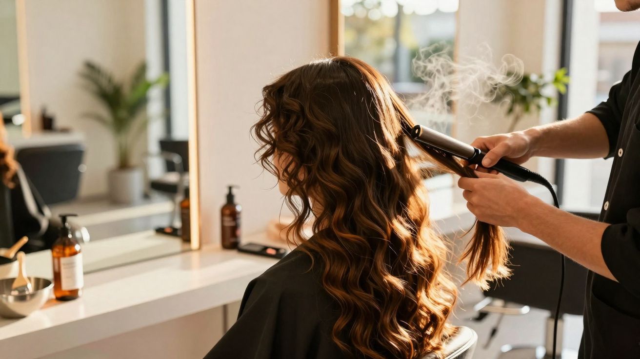 Mulher com cabelo longo sendo modelado com prancha por cabeleireiro em salão iluminado.