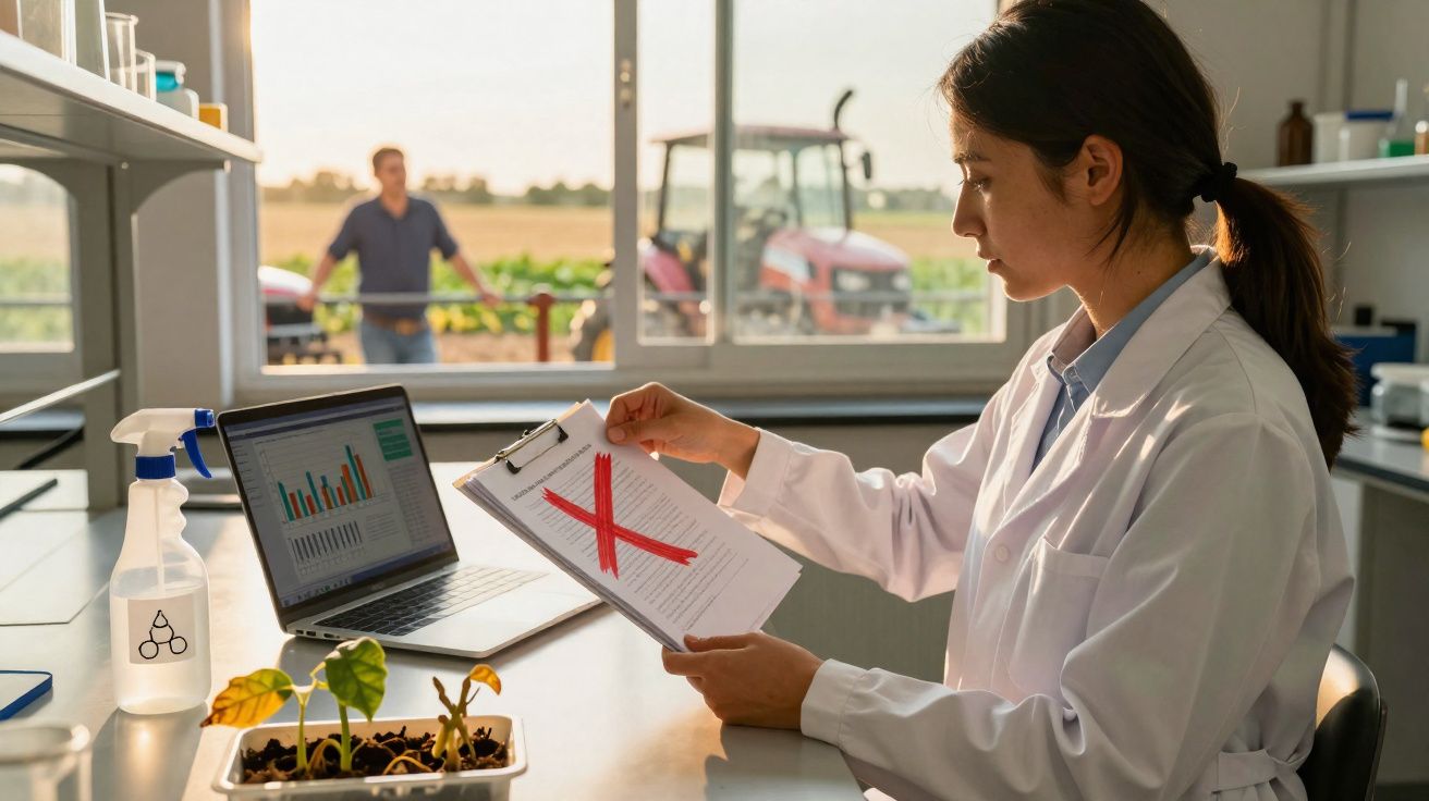 Cientista em laboratório analisando documento com X vermelho, com laptop e plantas na mesa e agricultor na janela.