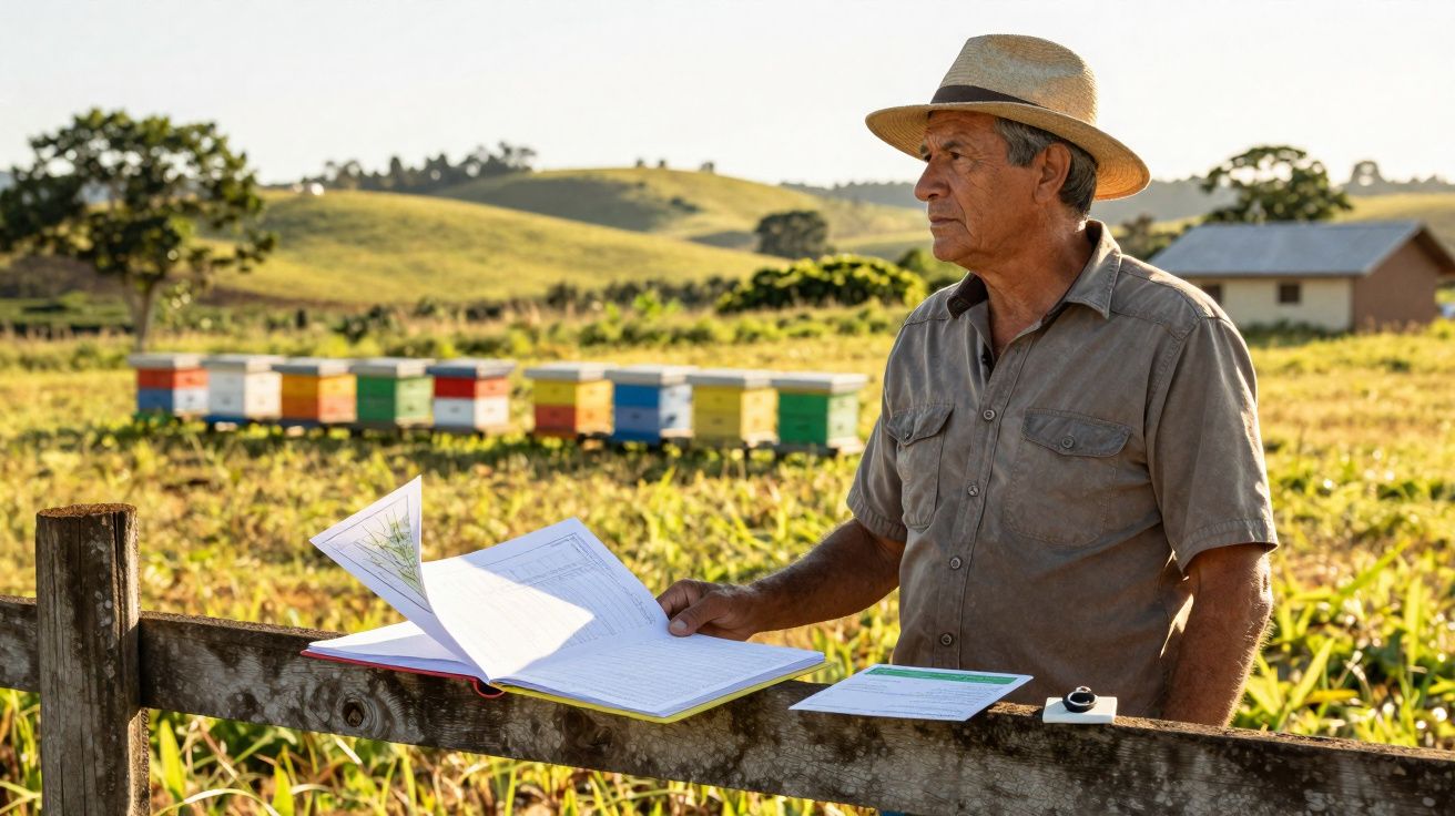 Homem com chapéu observa colmeias coloridas em área rural enquanto revisa anotações em caderno.