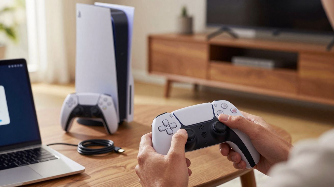 Pessoa segurando controle branco de videogame PlayStation 5 próximo ao console e notebook sobre mesa de madeira.