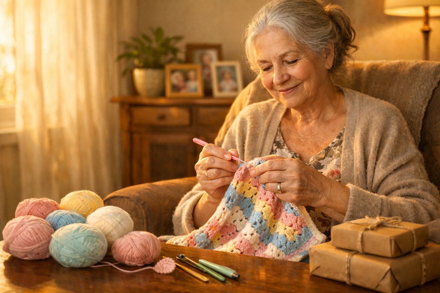 Idosa sorridente fazendo crochê colorido em ambiente aconchegante com novelos de lã ao redor.
