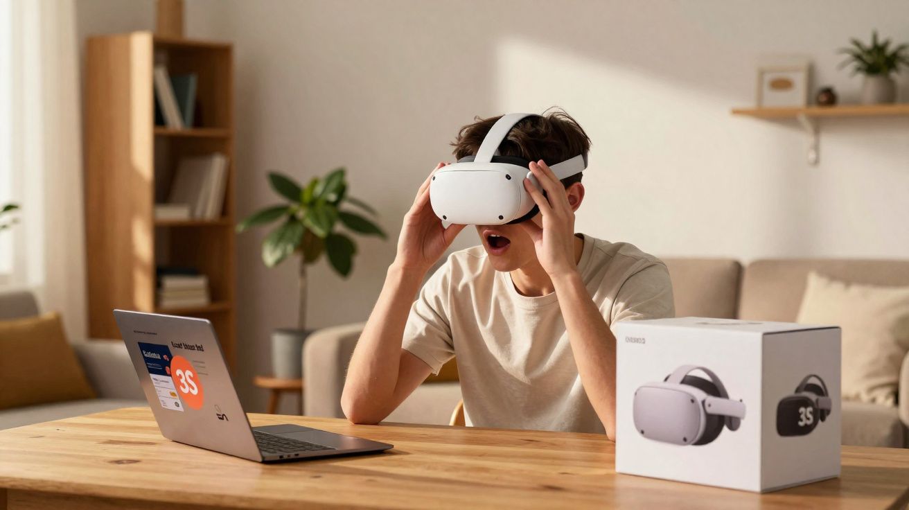 Jovem usando óculos de realidade virtual em mesa com notebook e caixa do dispositivo ao lado.