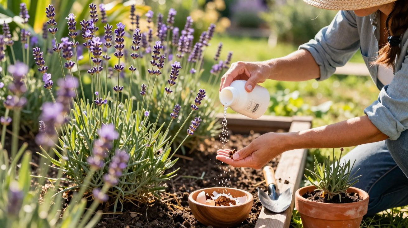 Pessoa adubando plantas de lavanda em jardim com ferramentas de jardinagem ao redor.