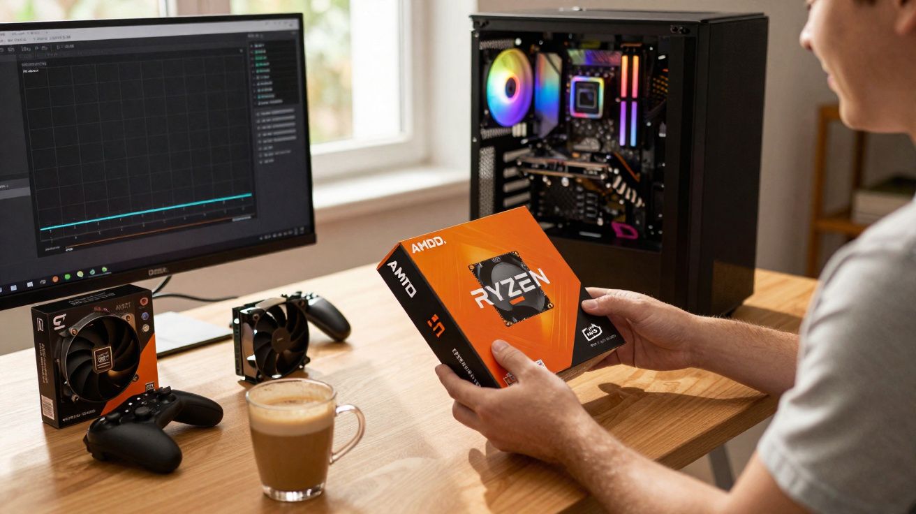 Pessoa segurando caixa de processador AMD Ryzen diante de computador aberto com iluminação RGB.