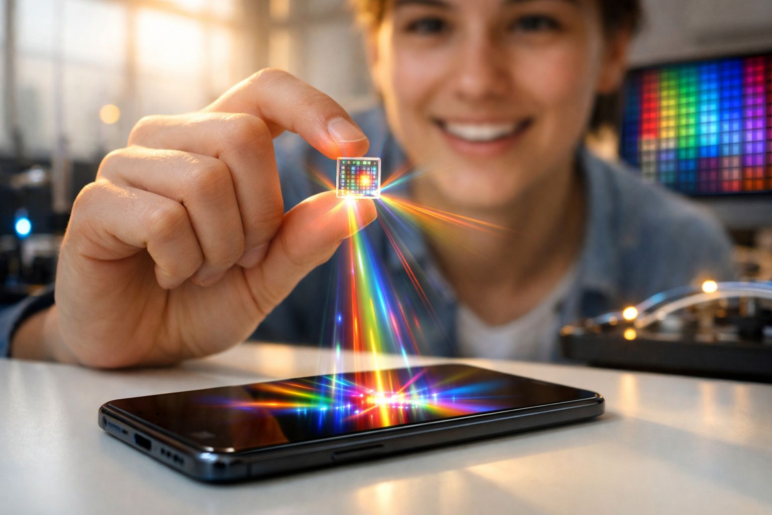 Pessoa segurando um pequeno chip brilhante que projeta luzes coloridas sobre a tela de um smartphone.