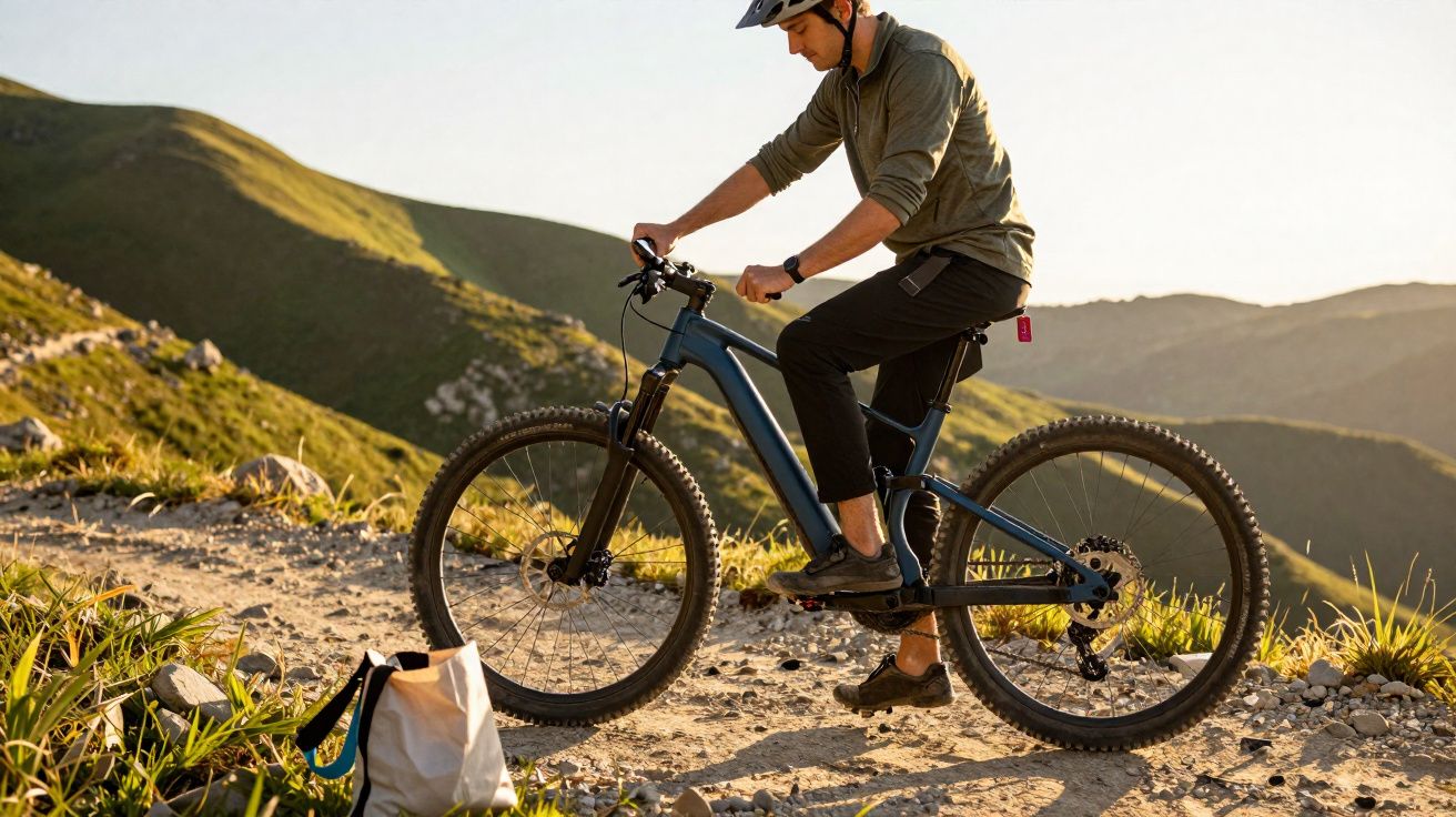 Homem com capacete pedalando bicicleta em trilha de montanha ao pôr do sol.