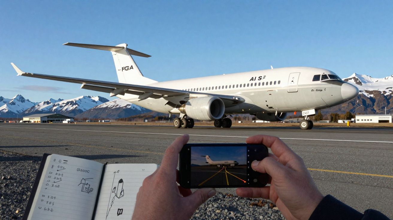Pessoa fotografando com celular avião branco estacionado em pista, com caderno aberto e montanhas ao fundo.