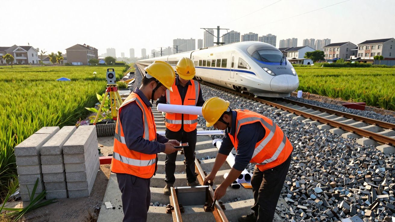 Três trabalhadores com coletes laranja e capacetes amarelos inspecionam trilhos próximos a um trem de alta velocidade.