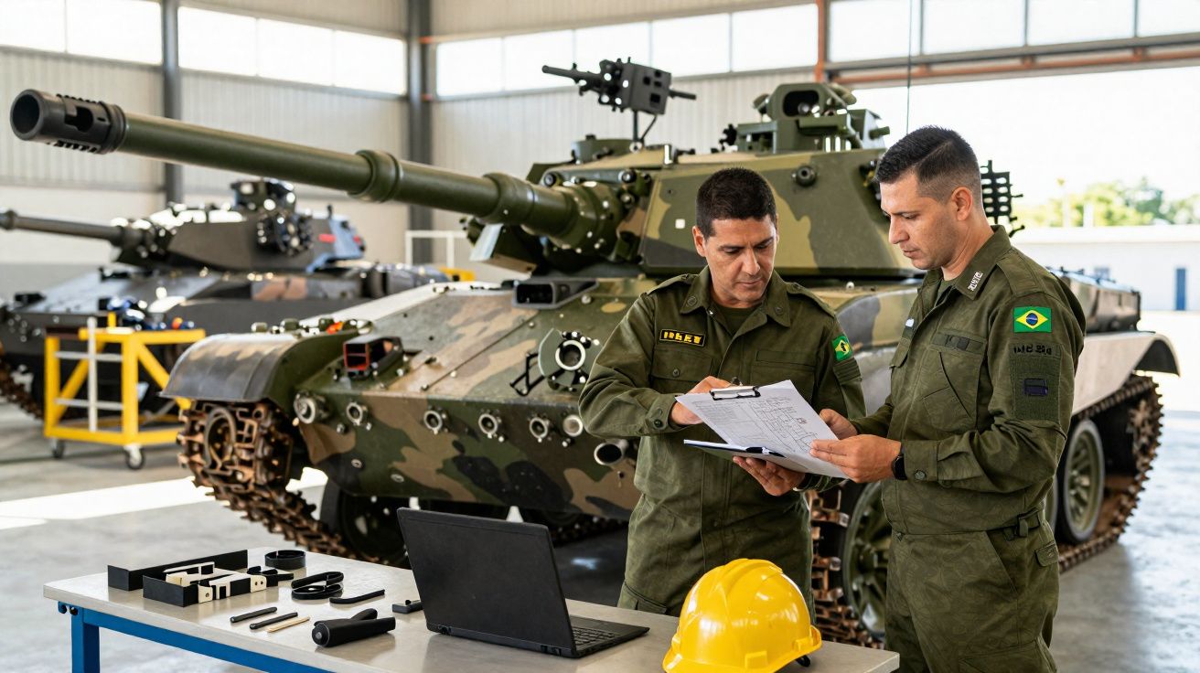 Dois soldados revisam documentos em frente a um tanque militar camuflado dentro de uma oficina.