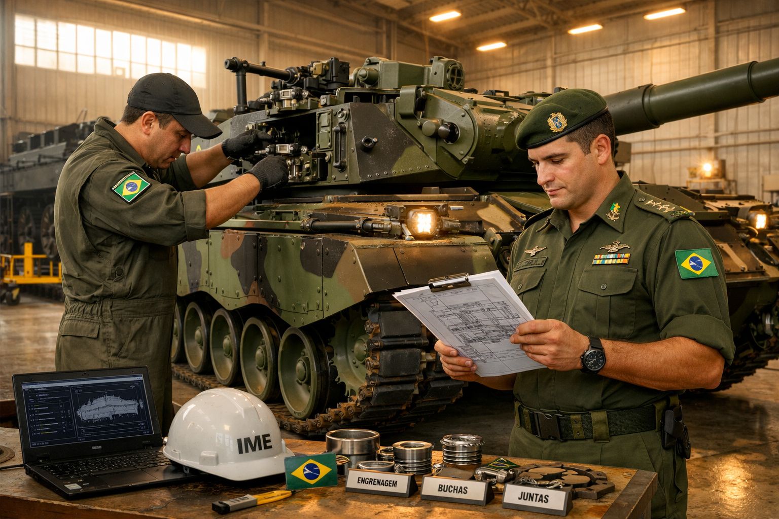 Dois militares brasileiros inspecionam um tanque de guerra em uma oficina com equipamentos ao redor.