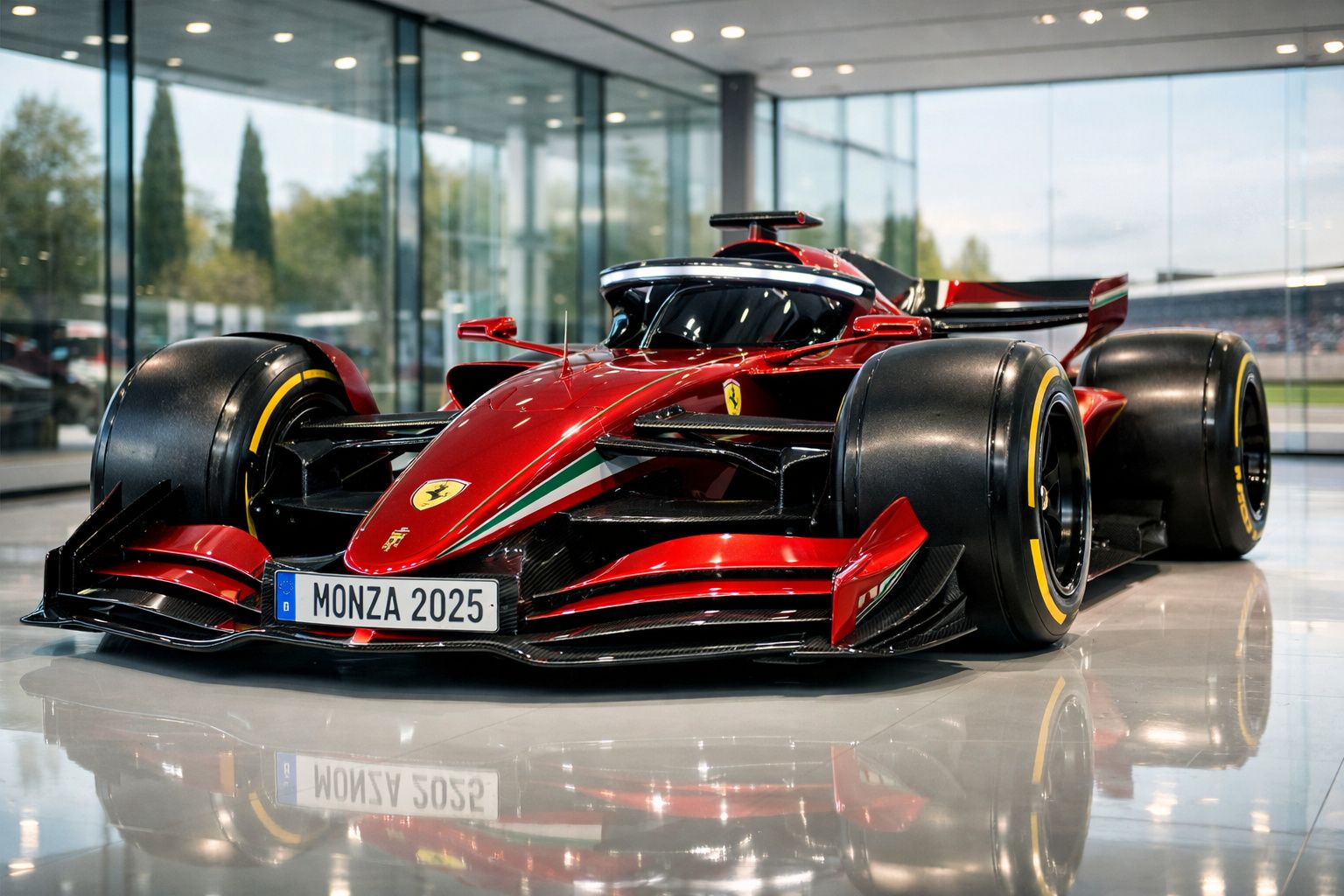 Carro de Fórmula 1 vermelho da Ferrari modelo 2025 exibido em ambiente interno moderno.