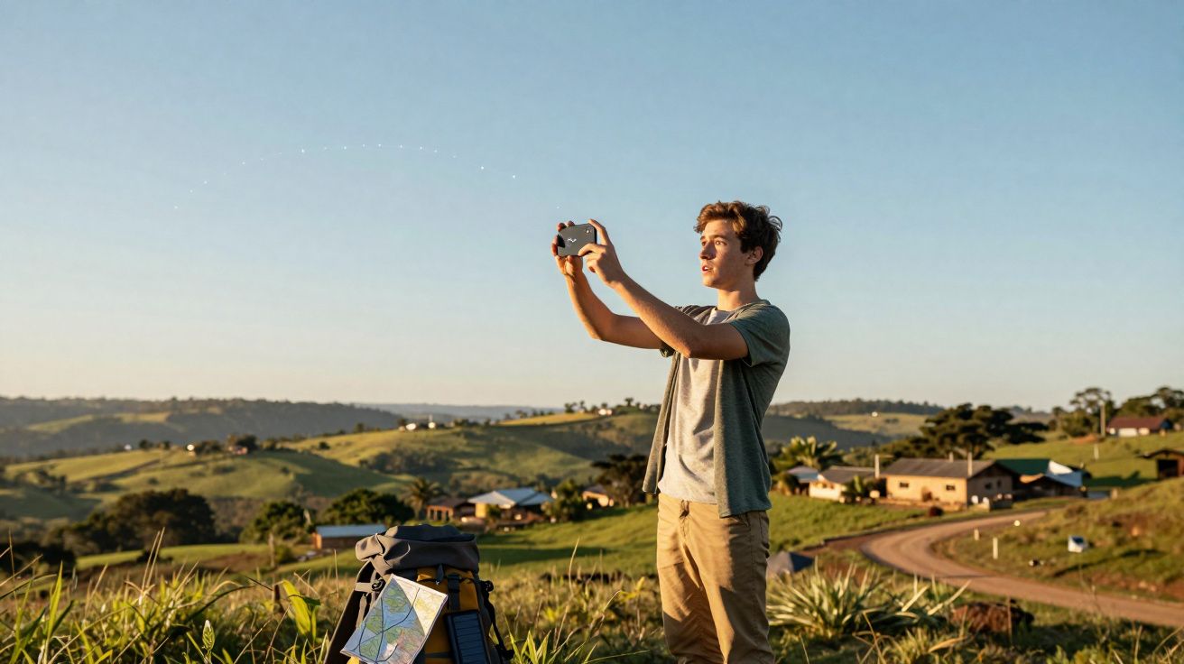 Jovem faz selfie ao ar livre em área rural com mochila e mapa, ao fundo colinas e casas sob céu claro.