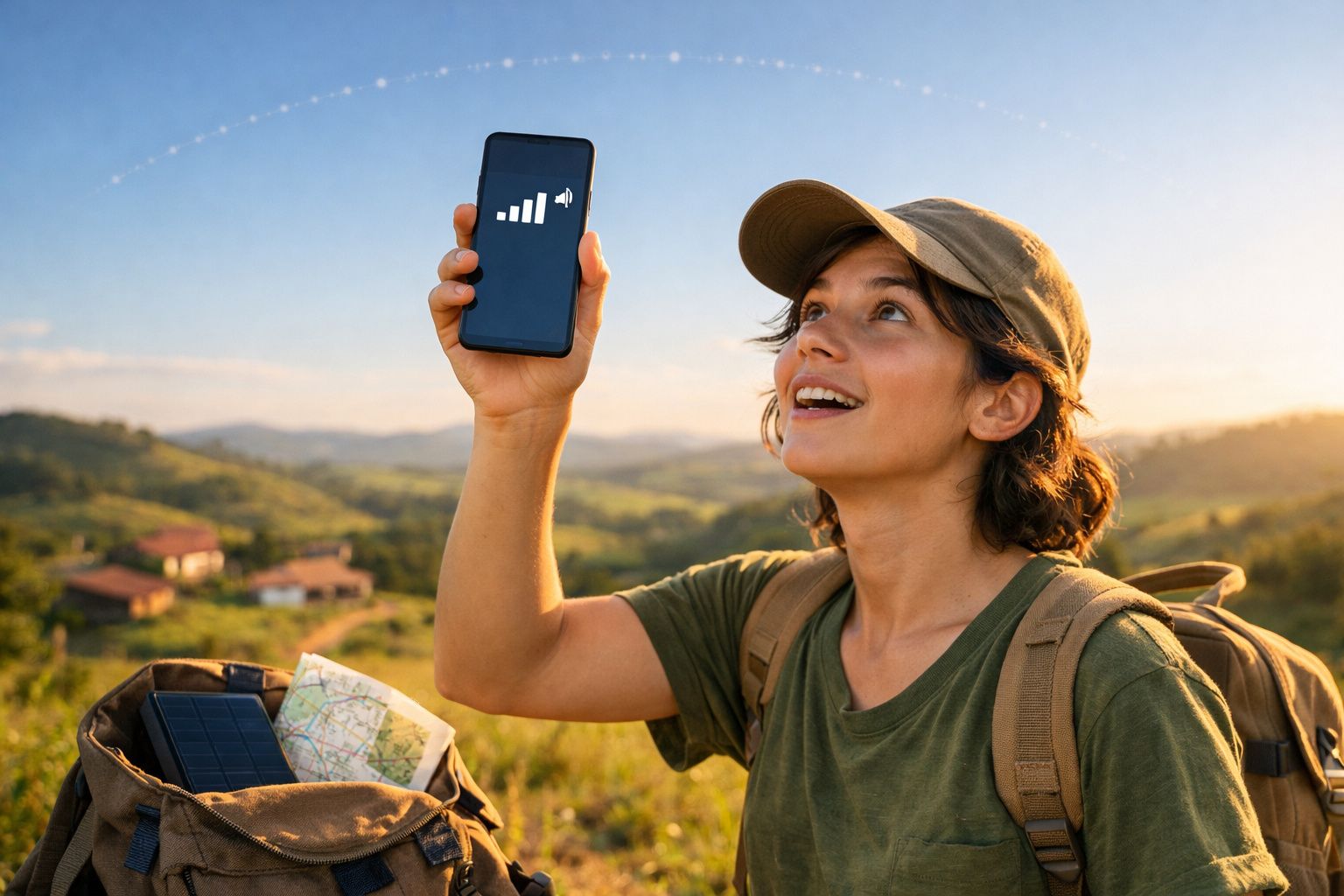 Mulher sorridente com mochila segura celular mostrando sinal de rede em área rural ao pôr do sol.