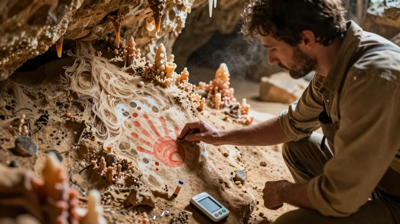 Homem desenhando mão vermelha em parede de caverna com estalactites ao redor e dispositivo eletrônico no chão.