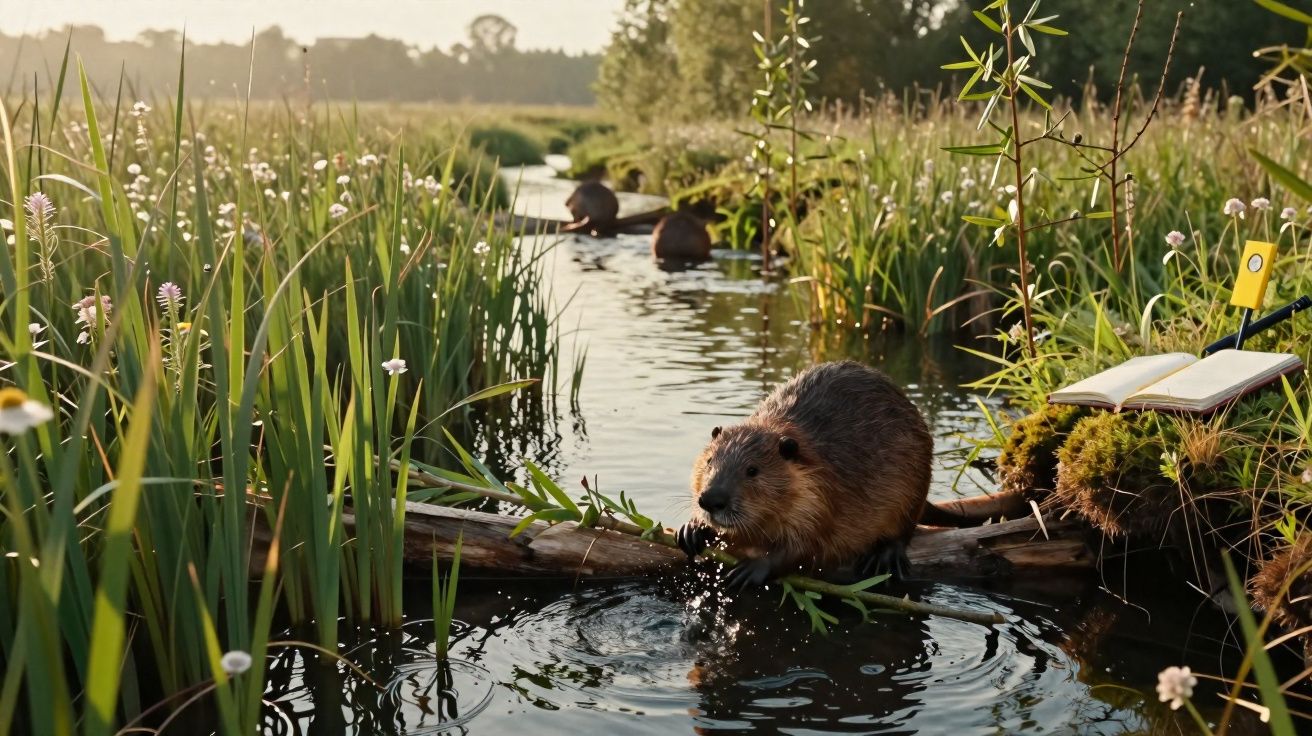 Castor em tronco sobre riacho cercado por vegetação e três castores ao fundo, com livro aberto e marcador amarelo.