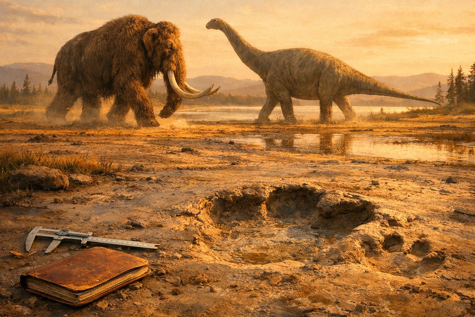 Mammut e dinossauro próximos a pegada gigante fossilizada, paquímetro e livro em terreno seco ao pôr do sol.
