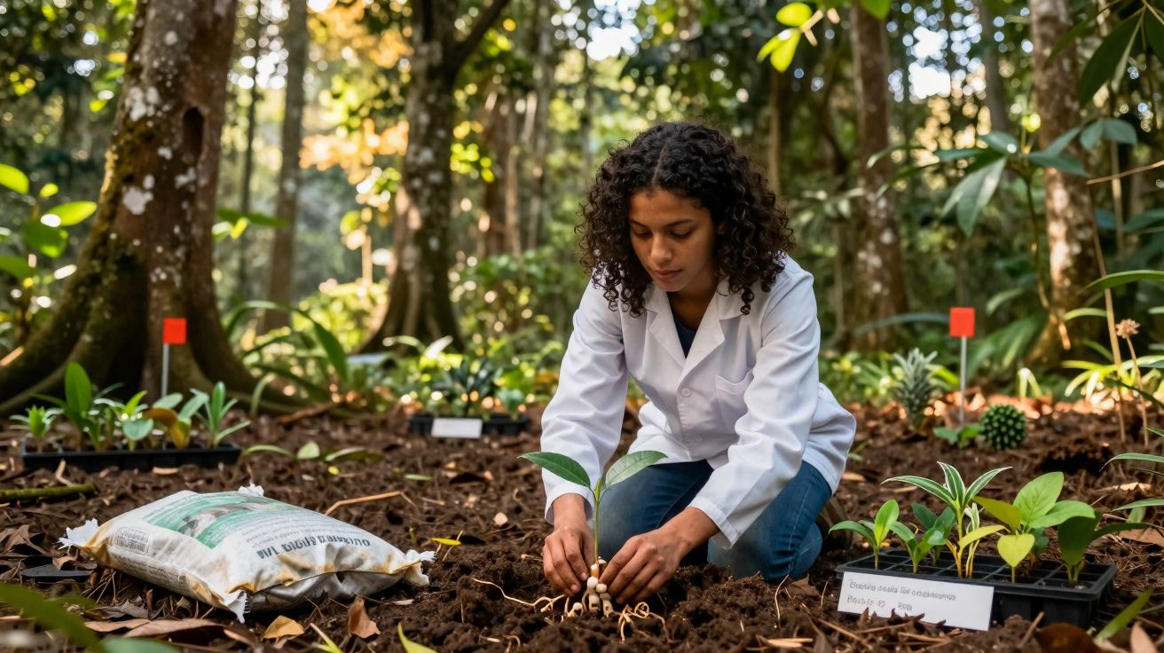Mulher jovem em jaleco branco plantando muda em solo de floresta com várias plantas ao redor.