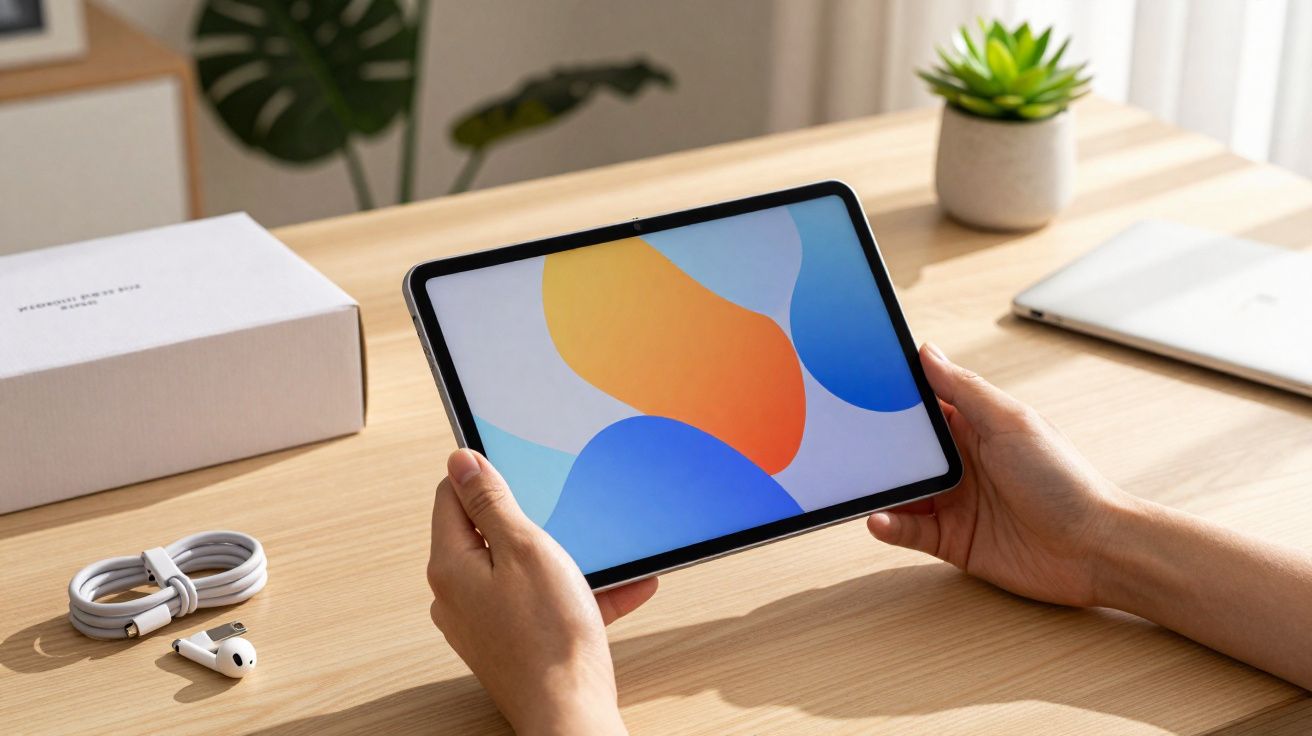 Pessoa segurando tablet com tela colorida sobre mesa de madeira clara, ao lado de fones e cabo branco.