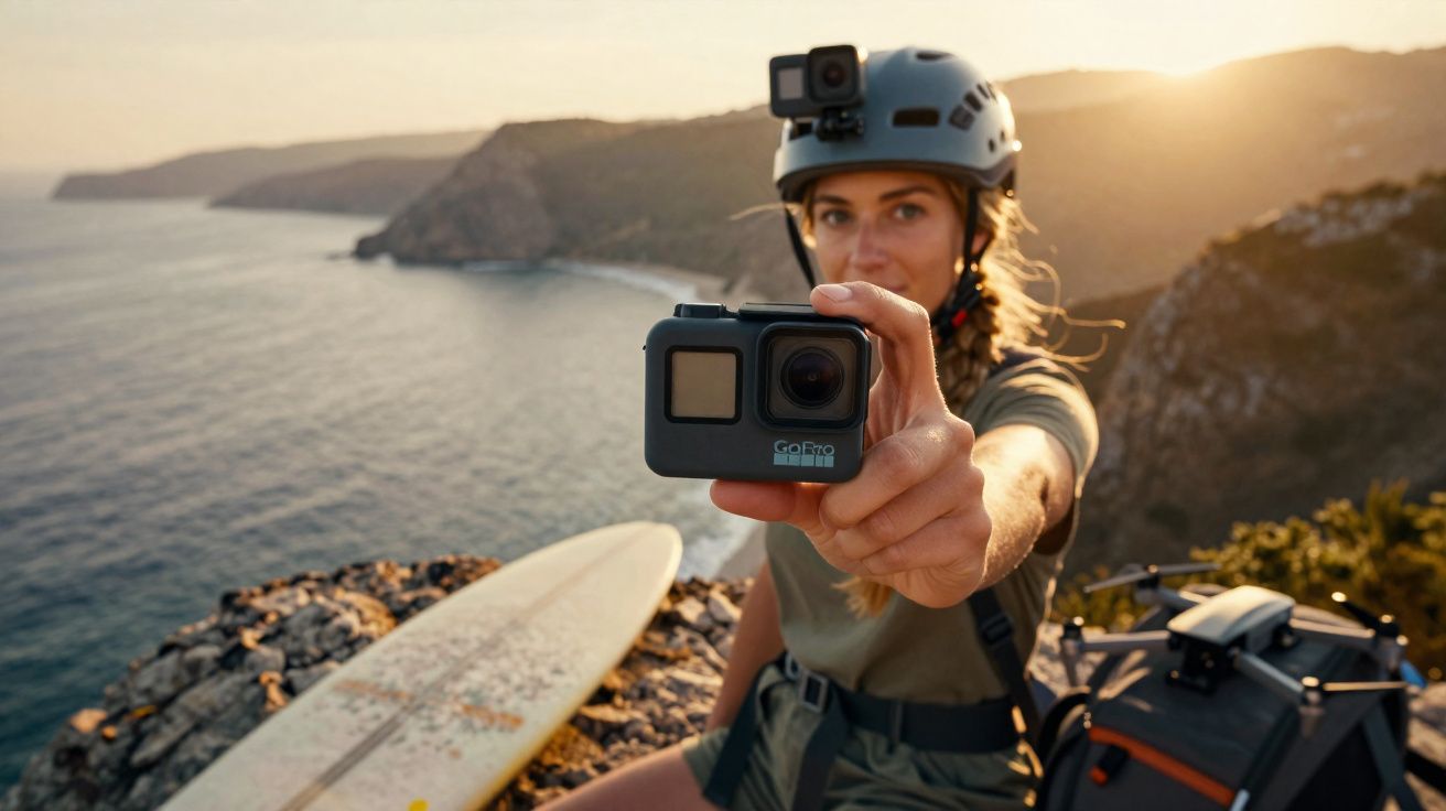 Mulher com capacete segurando câmera de ação em penhasco com prancha de surf e drone ao fundo.