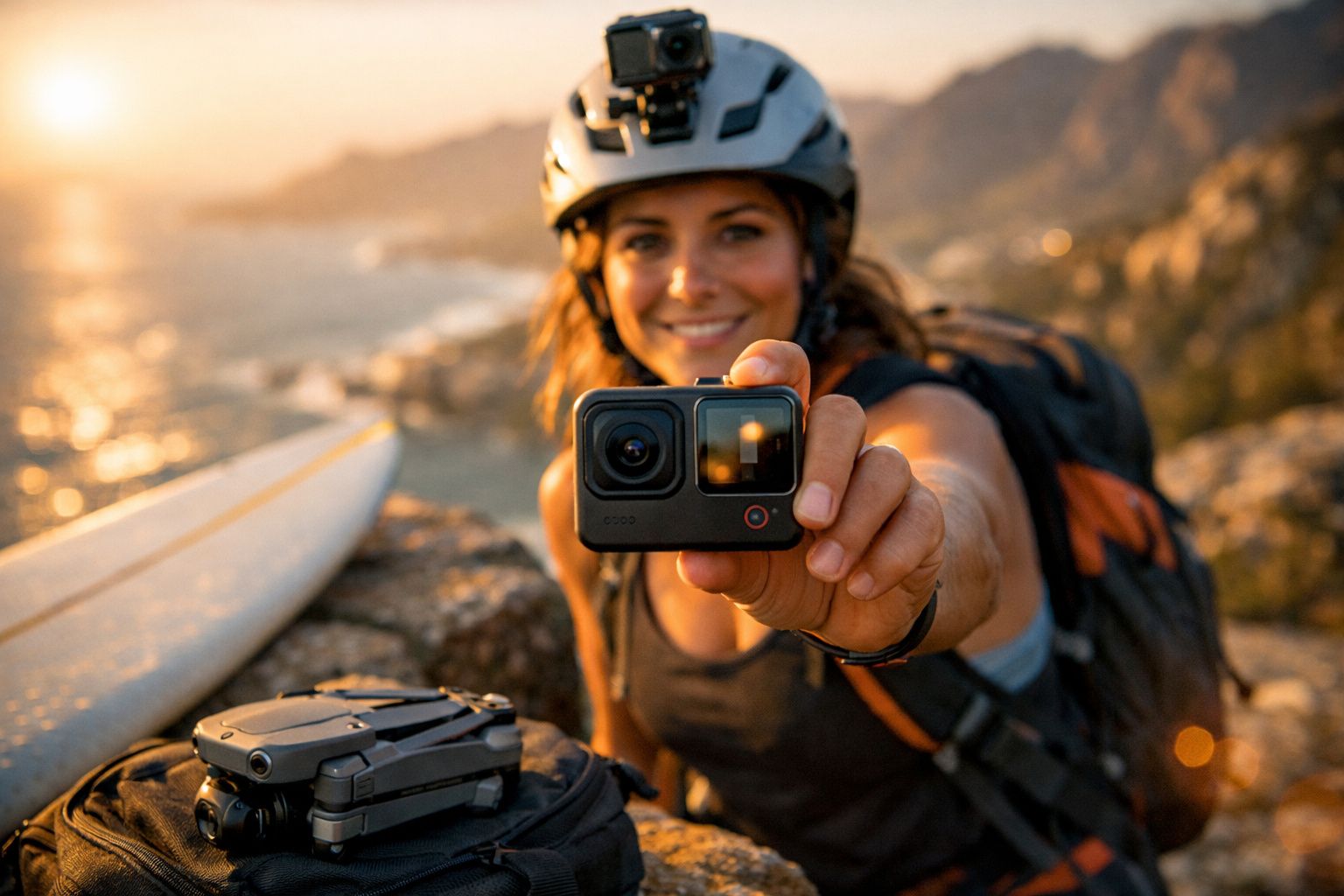 Mulher sorridente com capacete segura câmera de ação ao ar livre perto de prancha de surfe e mochila.