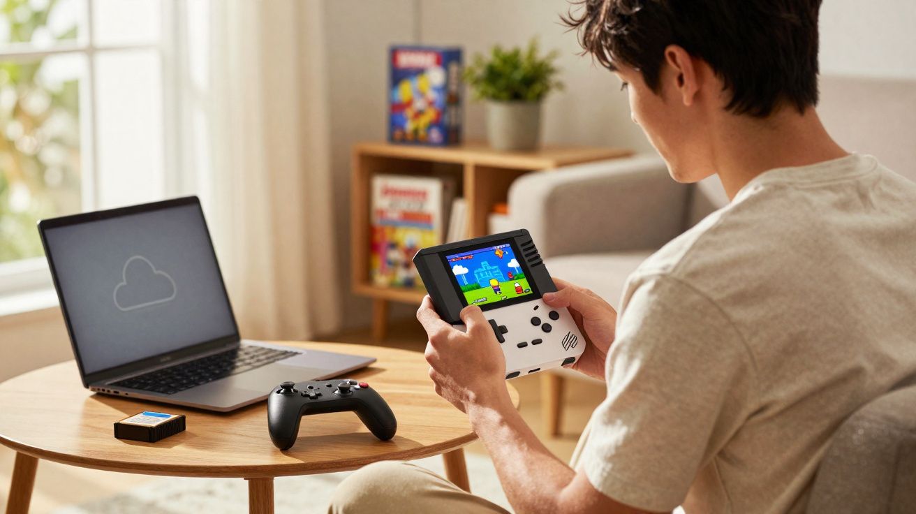 Jovem sentado jogando videogame portátil em sala com laptop e controle em mesa de madeira.