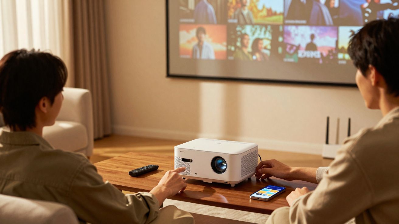Duas pessoas sentadas em sala assistindo a um projetor que exibe uma tela com várias opções de filmes.
