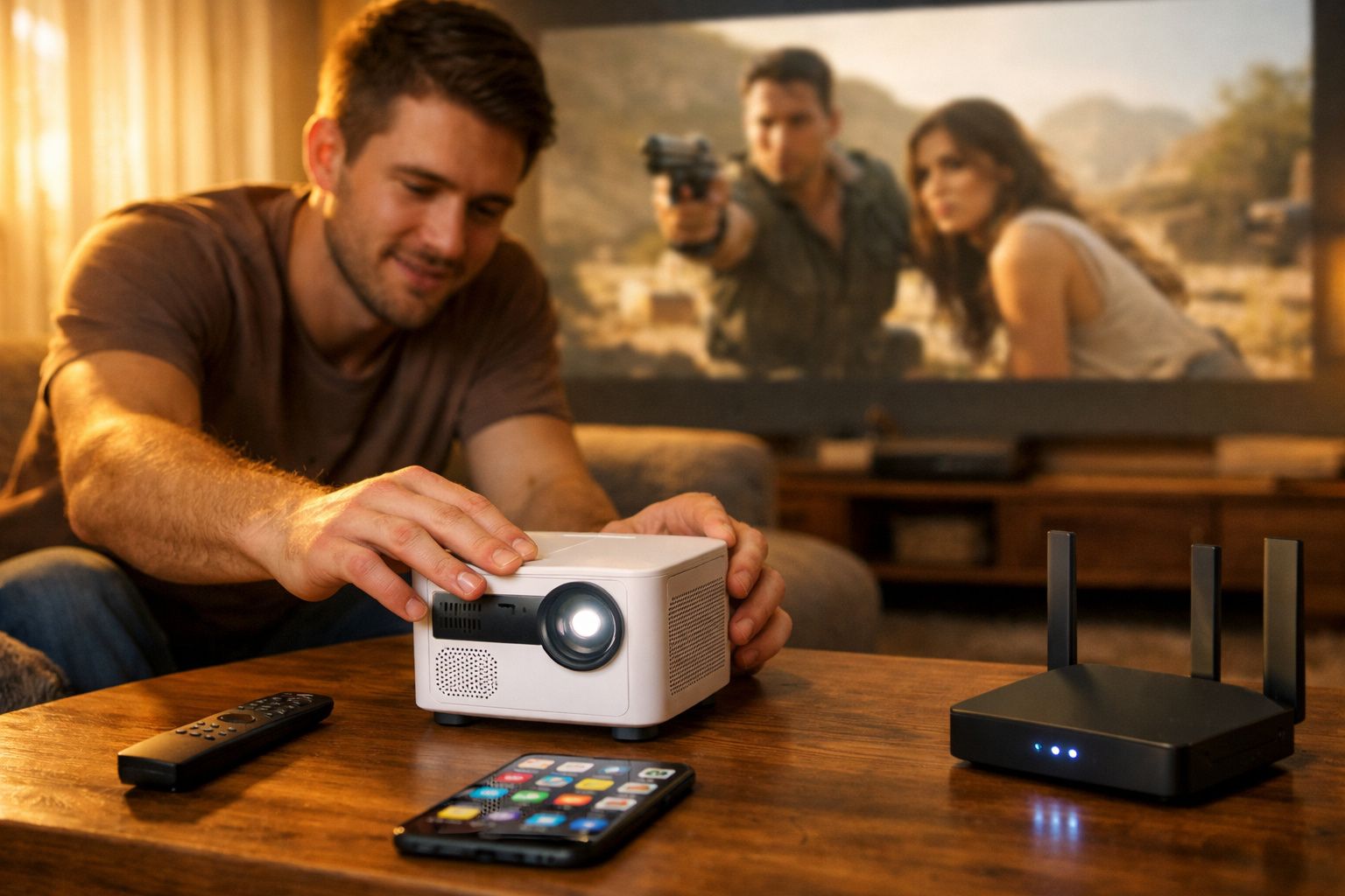 Homem ajusta projetor em sala com televisão ligada ao fundo exibindo cena de filme de ação.