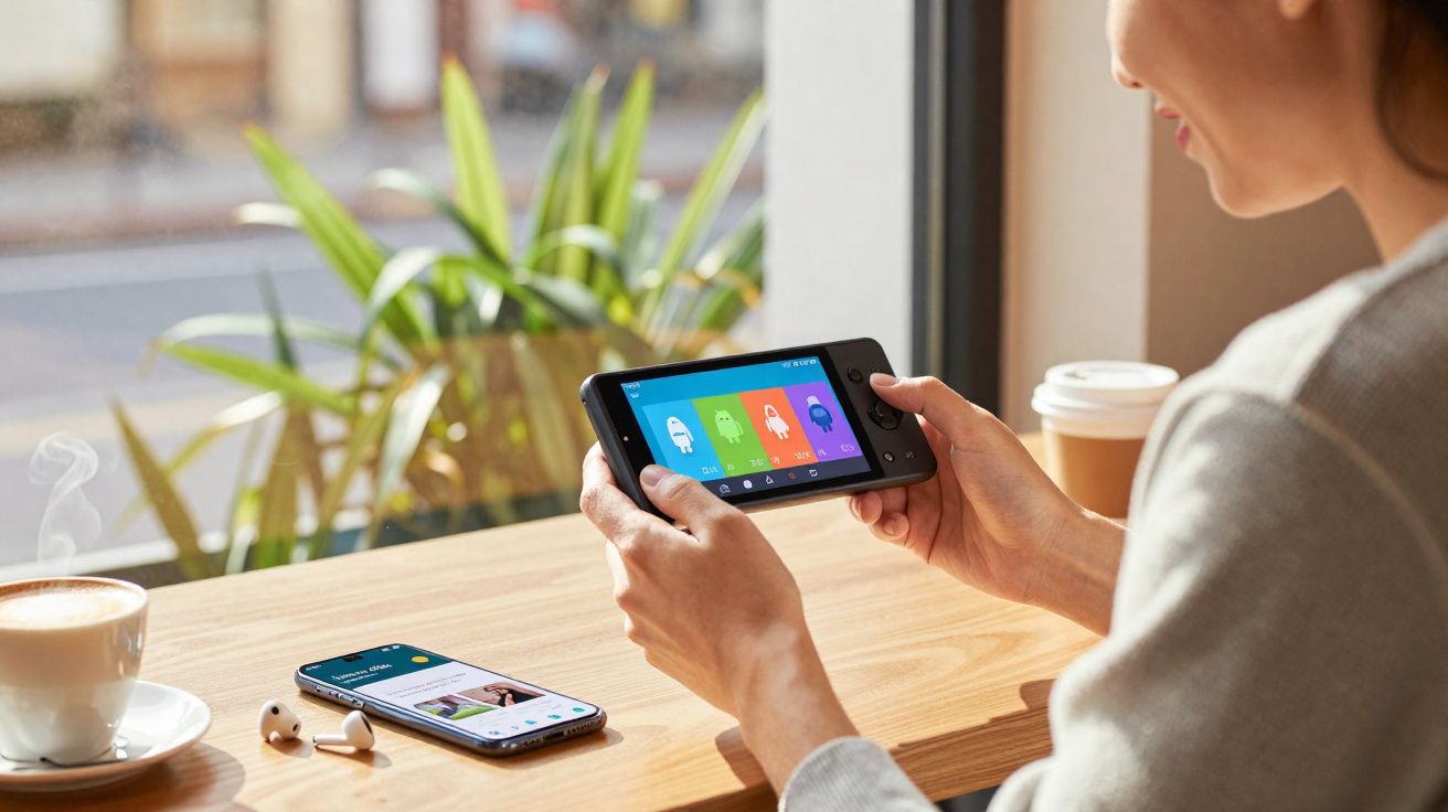 Pessoa segurando console portátil em mesa com celular, fones e café em cafeteria iluminada natural.